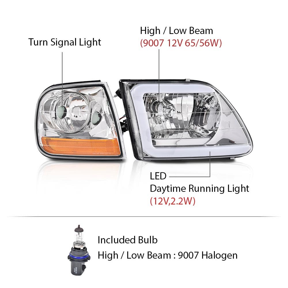 G-PLUS Headlights Assembly Fit 1992-1996 Ford F150 F250 F350 Super Duty(Incl.1997 9th Old Body Style),Fit 1992-1996 Bronco w/Corner Signal Headlamps Clear Lens Chrome Housing Amber Reflector