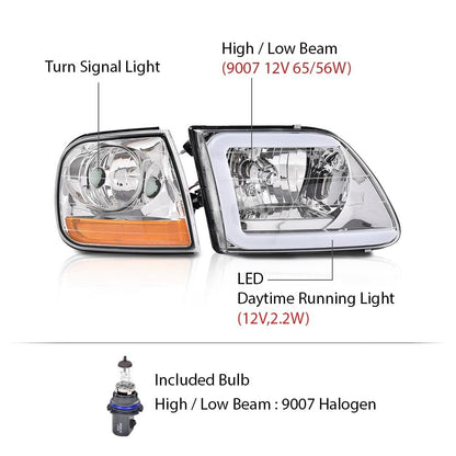 G-PLUS LED DRL Strip Headlights & Corner Parking Lights Fit Ford F150 1998-2003/Fit Ford Expedition 1997-2002/Fit 1997-1999 F250 Headlamps Clear Lens Chrome Housing Amber Reflector,faros delanteros
