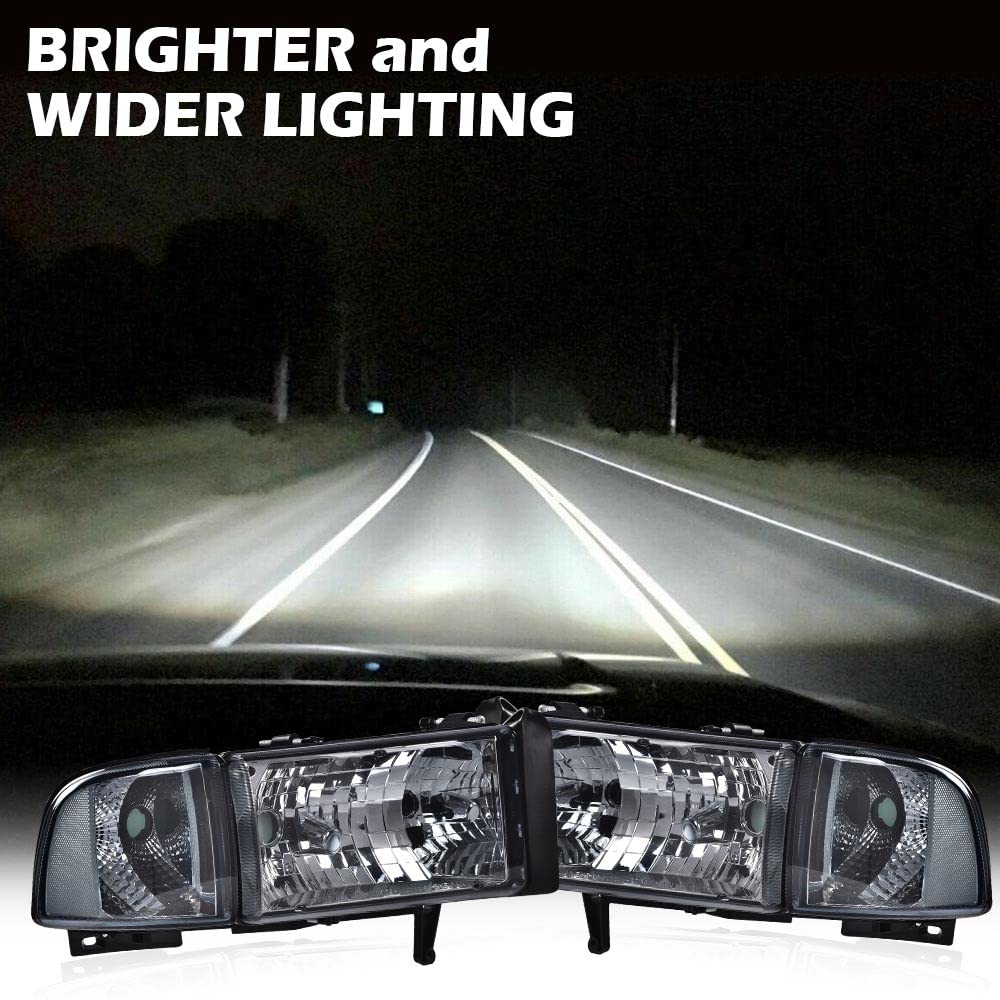 G-PLUS Headlights Lamps Fit 1994-2001 Dodge Ram 1500/1994-2002 Dodge Ram 2500 3500,Not fit Ram Sport,Smoky Lens Chrome Housing Clear Reflector w/o Bulbs Bumper Headlamps,faros delanteros Assembly