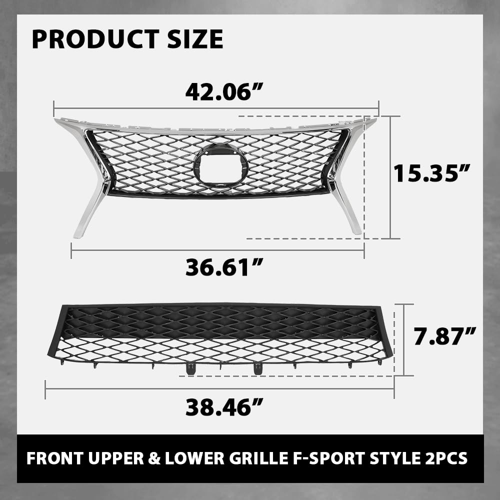 G-PLUS Front Upper Lower Grille 2pc Set Compatible with LX RX350 2013-2015 531120E110, LX1036108, 531010E150, LX1200178 Chrome Black