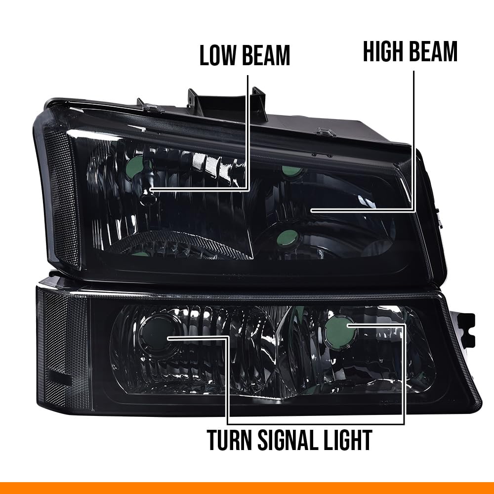 G-PLUS Headlights Assembly & Tail Lights Fit Chevy Silverado 1500 1500 HD 2500 2500 HD 2003-2006, Smoky Lens Black Housing Clear Reflector Headlamps Assembly Red Taillights
