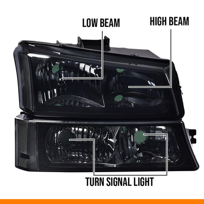 G-PLUS Headlights Assembly Compatible with Chevy Avalanche Silverado 1500 2500 HD 3500 2003-2006,Smoky Lens Black Housing Clear ReflectorBumper Headlamps,faros delanteros