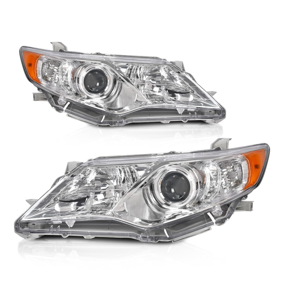 G-PLUS Headlights Assembly Compatible with Toyota Camry L/Le/Xle 2012-2014 Headlamps Pair Halogen Clear Lens Chrome Housing Amber Reflector,faros delanteros