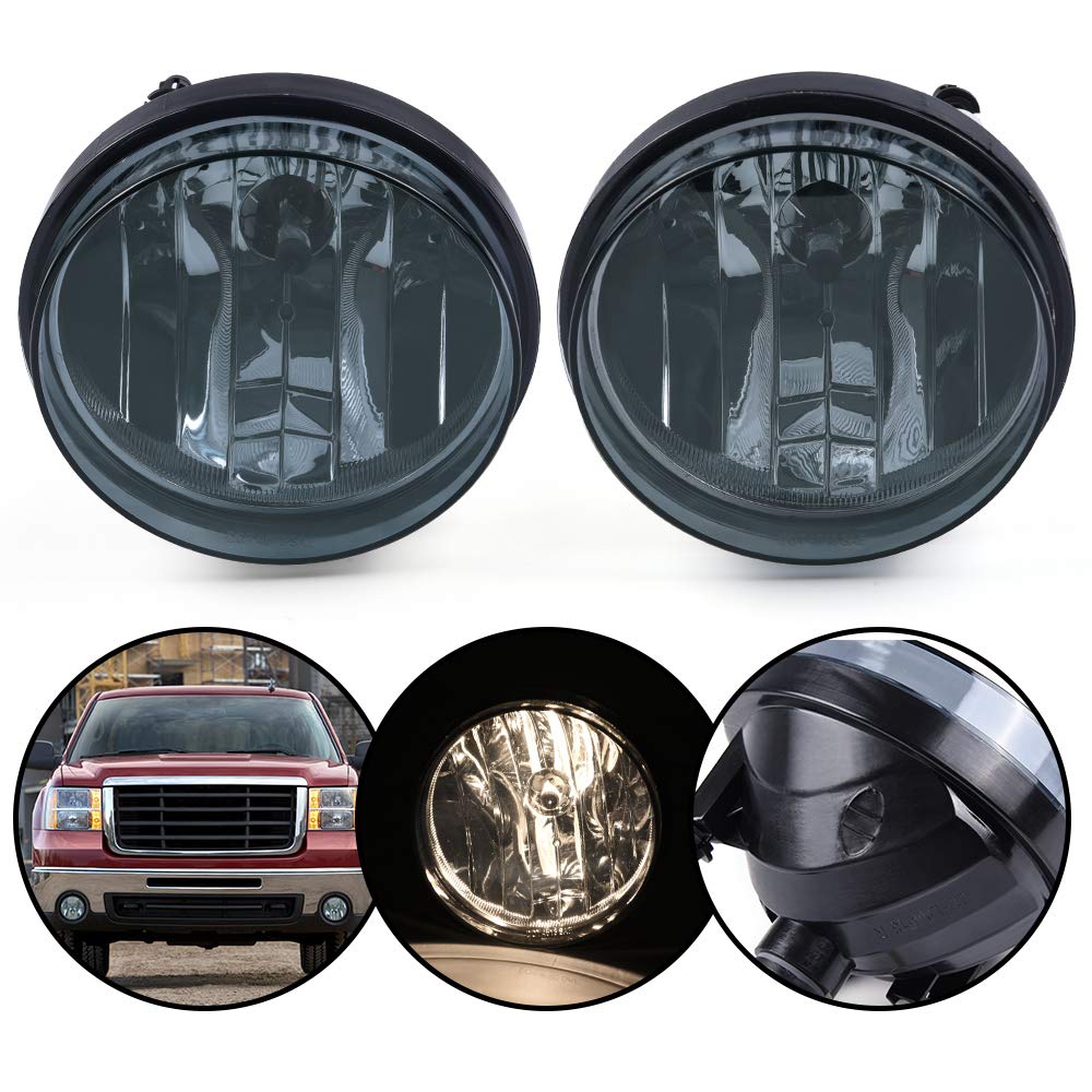 G-PLUS Front Bumper Fog Lights Compatible With 2007-2013 GMC Sierra 1500 2500HD 3500HD Pickup,Driving Fog Lamps w/Bulb Driver & Passenger Pair Smoky Lens