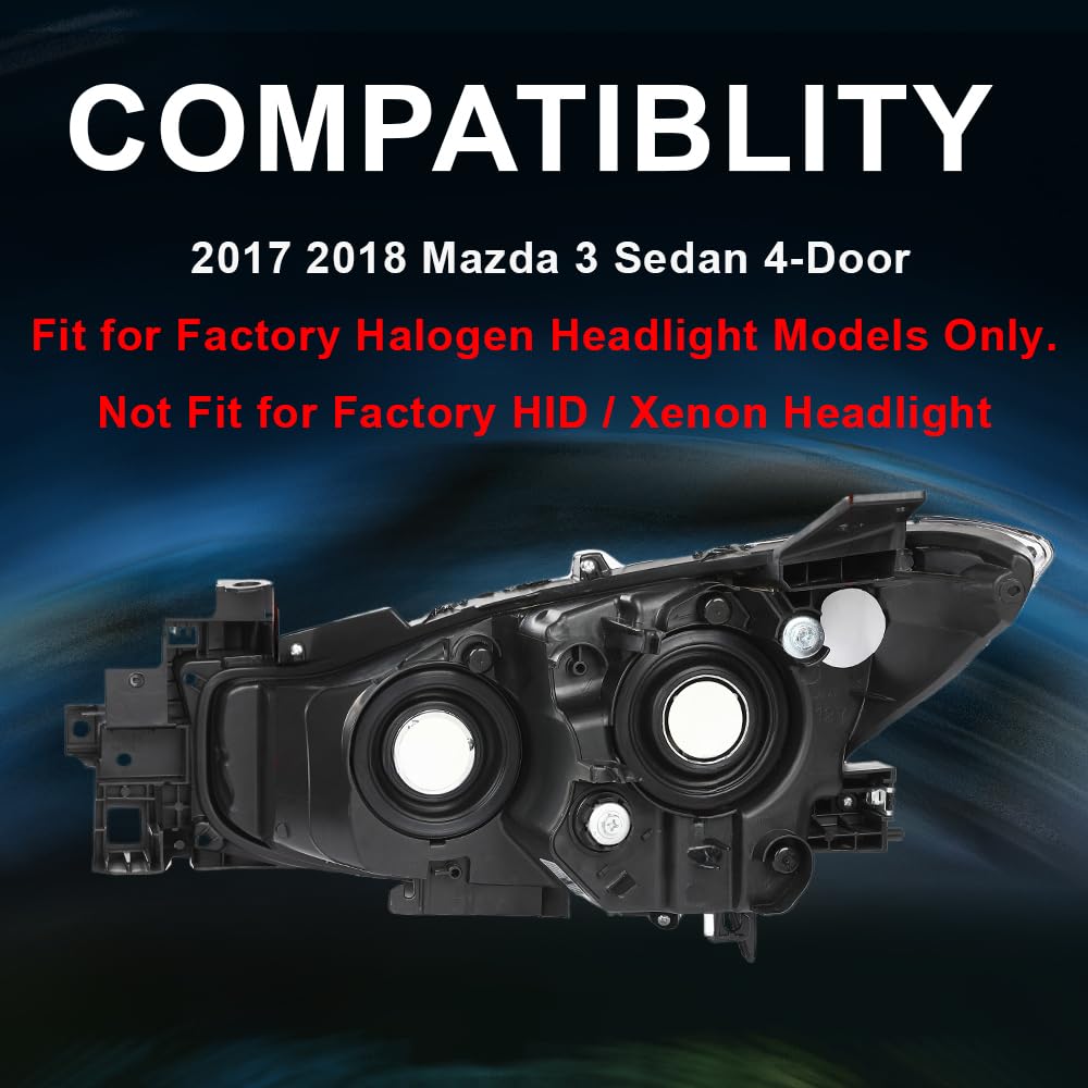 G-PLUS Projector Halogen Headlight Right Passenger Side Compatible with Mazda 3 2017-2018 4-Door Sedan & Hatchback Clear Lens Black Housing Amber ReflectorBumper Headlamps,faros delanteros
