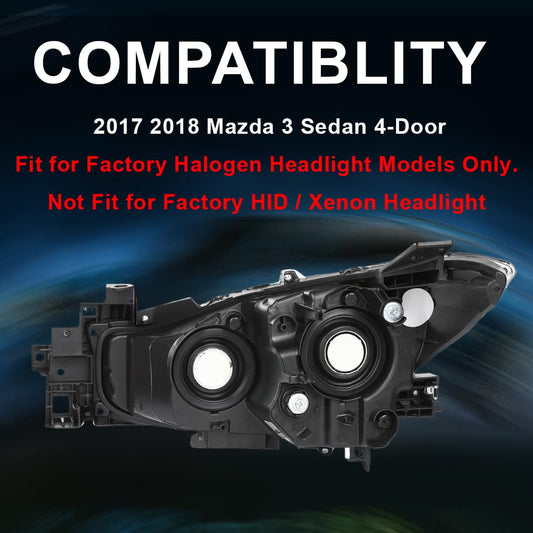 G-PLUS Projector Halogen Headlight Right Passenger Side Compatible with Mazda 3 2017-2018 4-Door Sedan & Hatchback Clear Lens Black Housing Amber ReflectorBumper Headlamps,faros delanteros