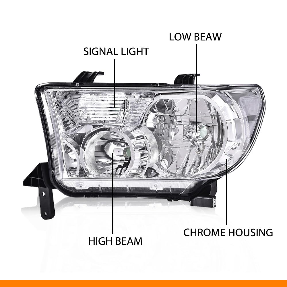 G-PLUS Headlights Compatible with Toyota Tundra 2007-2013/Compatible with Toyota Sequoia 2008-2017 Headlamps Pair Halogen Clear Lens Chrome Housing Clear Reflector,faros delanteros