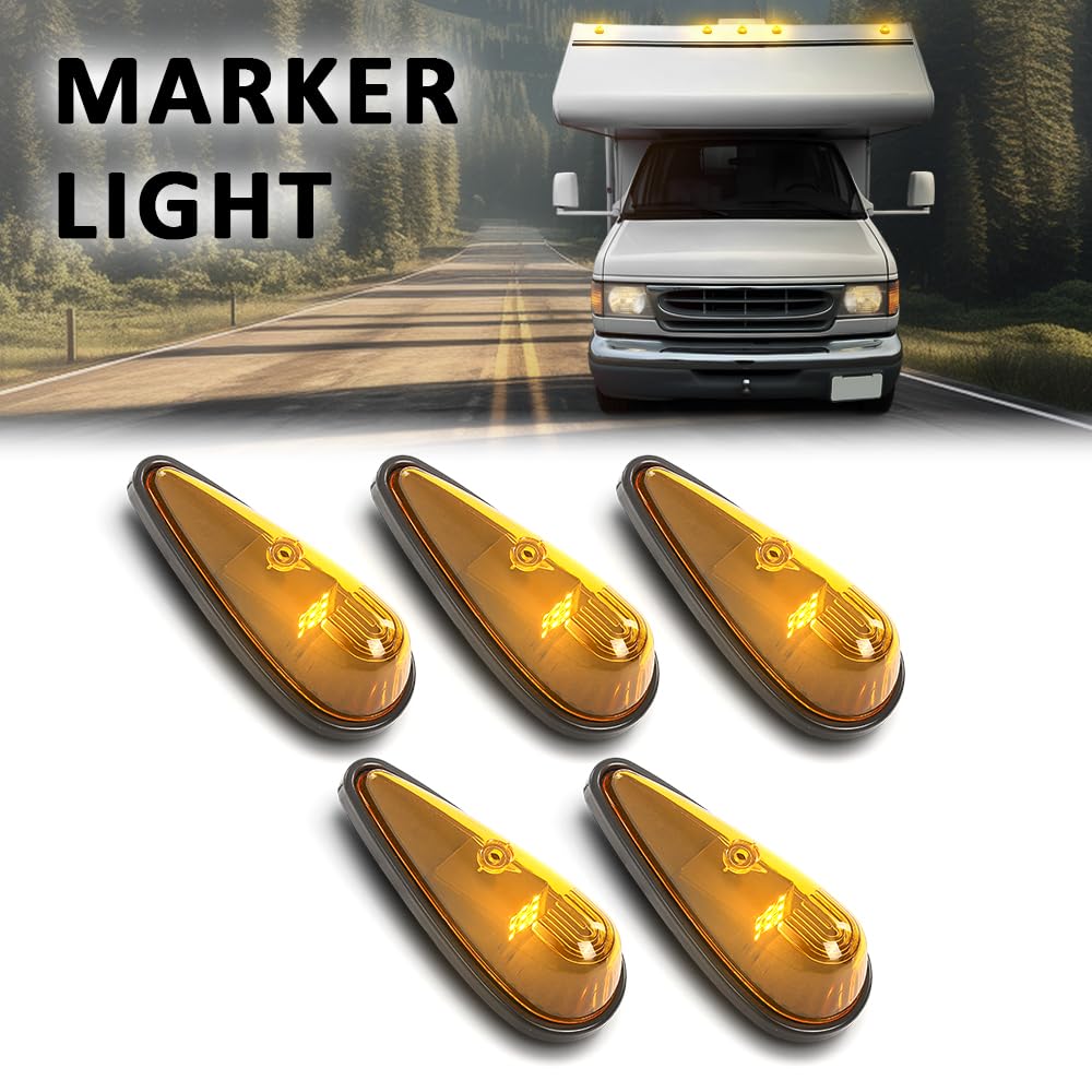 G-PLUS 5Pcs Amber Teardrop Cab Marker Lights 9 LED Cab Marker Light Top Clearance Roof Running Light Assembly with Wiring Pack Fit for Trucks Trailer Vans Pickups RV Tractor Yellow