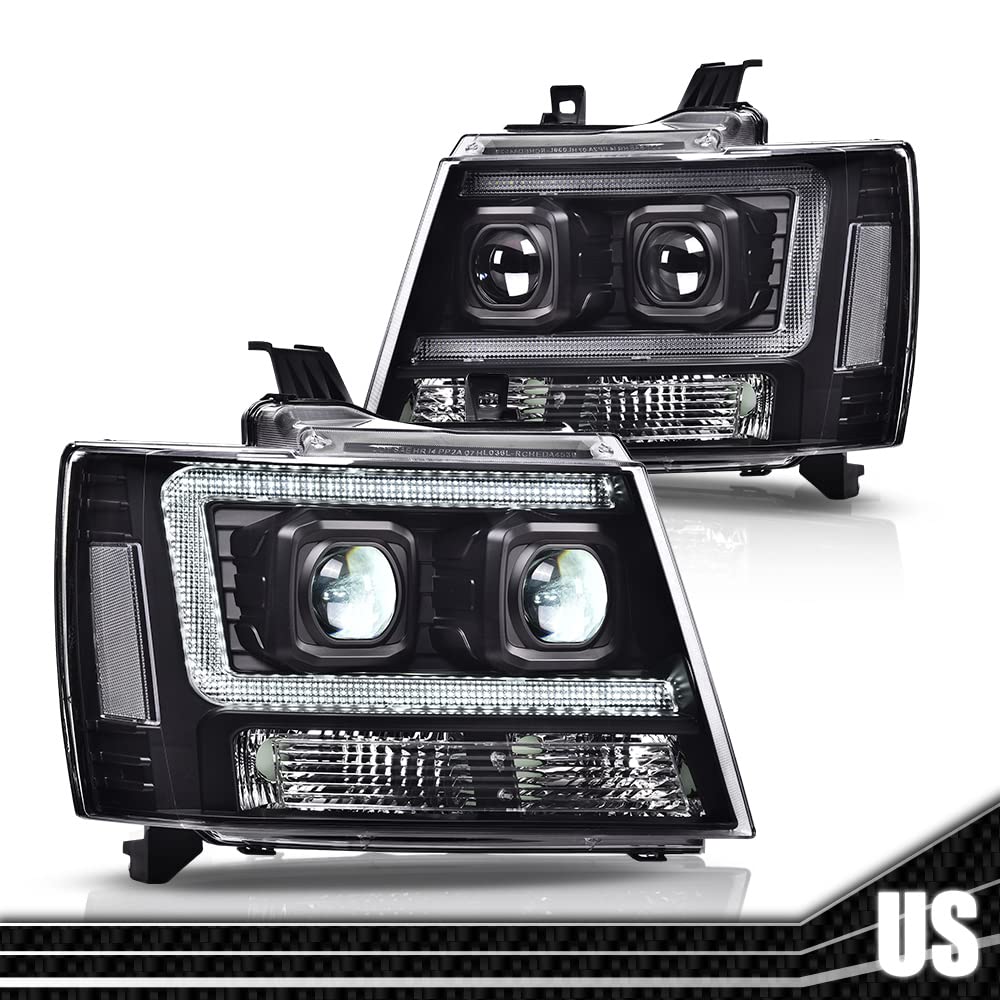 G-PLUS LED Tube Dual Projector Headlights, Compatible with 2007-2014 Chevy Tahoe/Suburban Bumper Headlamps Assembly, Clear Lens Black Housing Clear Reflector,faros delanteros