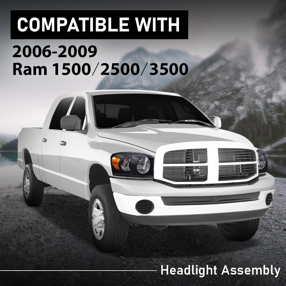 G-PLUS Headlights w/Bulbs Compatible with Dodge Ram 1500 2006-2008/Fit Dodge Ram 2500 3500 2006-2009,CH2503180 Clear Lens Black Housing Amber Reflector Bumper Headlamps,faros delanteros Assembly