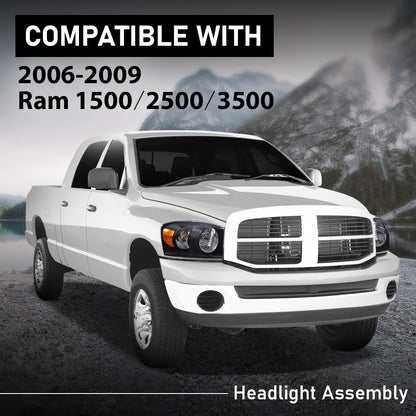 G-PLUS Headlights w/Bulbs Compatible with Dodge Ram 1500 2006-2008/Fit Dodge Ram 2500 3500 2006-2009,CH2503180 Clear Lens Black Housing Amber Reflector Bumper Headlamps,faros delanteros Assembly