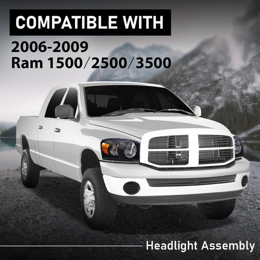 G-PLUS Headlights w/Bulbs Compatible with Dodge Ram 1500 2006-2008/Fit Dodge Ram 2500 3500 2006-2009,CH2503180 Clear Lens Black Housing Amber Reflector Bumper Headlamps,faros delanteros Assembly