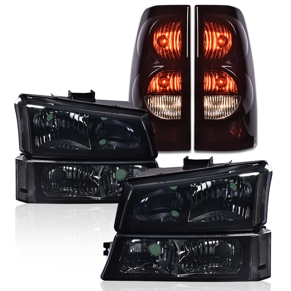 G-PLUS Headlights Assembly + Tail Lights Fit Chevy Silverado 1500 1500 HD 2500 2500 HD 2003-2006, Smoky Lens Black Housing Clear Reflector Headlamps Assembly Dark Red Taillights