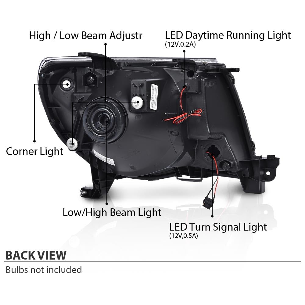 G-PLUS LED DRL Tube Halo Projector Headlights w/o Bulbs Compatible with 2005-2011 Toyota Tacoma Clear Lens Black Housing Clear Reflector Driver & Passenger SideBumper Headlamps,faros delanteros