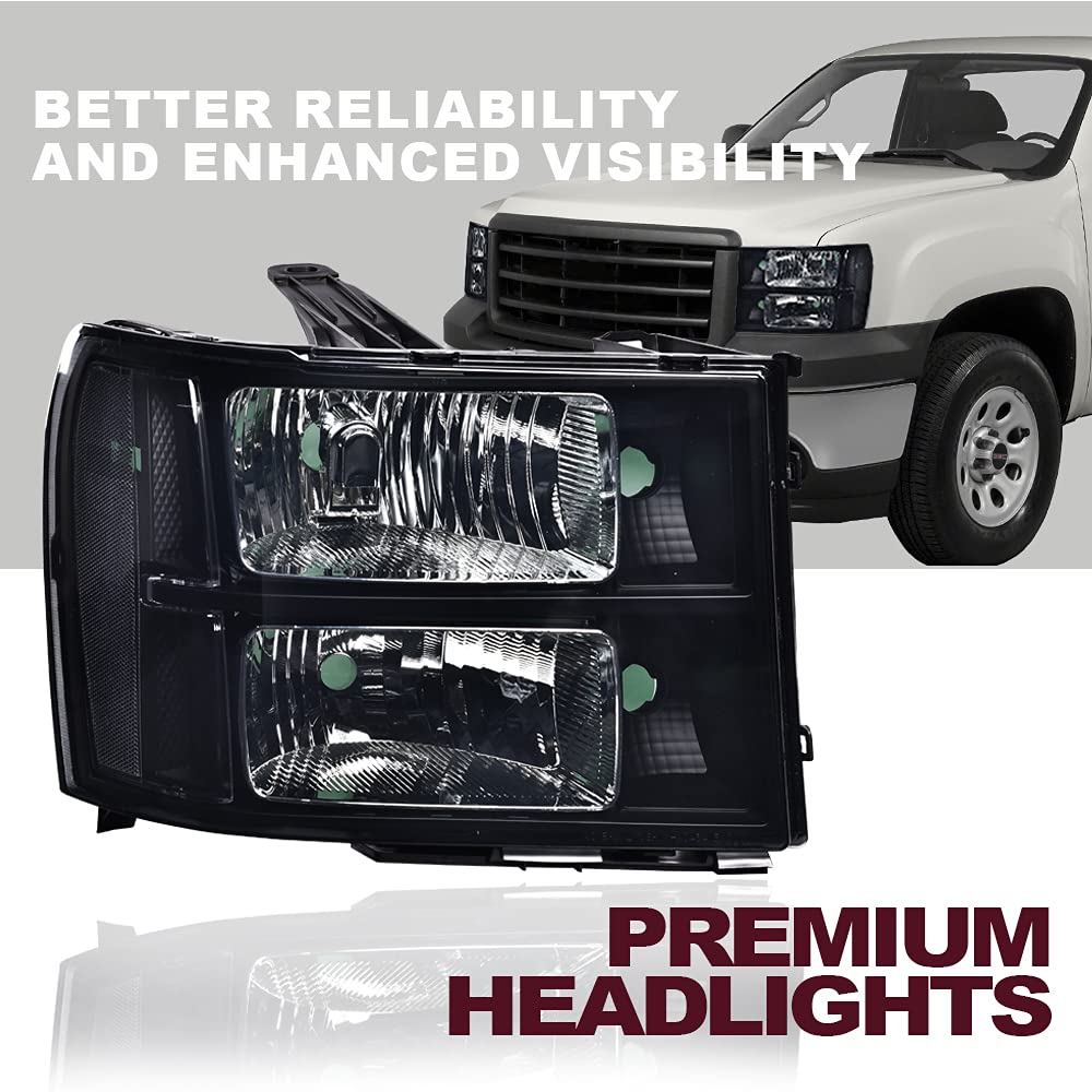 G-PLUS Headlights Assembly Compatible with GMC Sierra 1500 2007-2013 /Fit GMC Sierra 2500HD 3500HD 2007-2014 Headlamps Left and Right Smoky Lens Black Housing Clear Reflector,faros delanteros