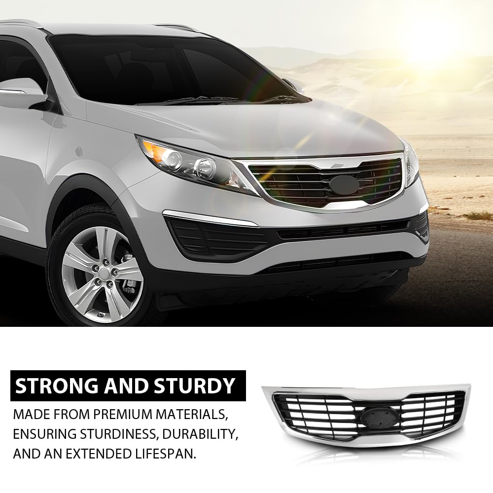 G-PLUS Front Bumper Grille with Chrome Molding Plastic Compatible with Kia Sportage 2011-2012 863503W000, KI1200147 Grill