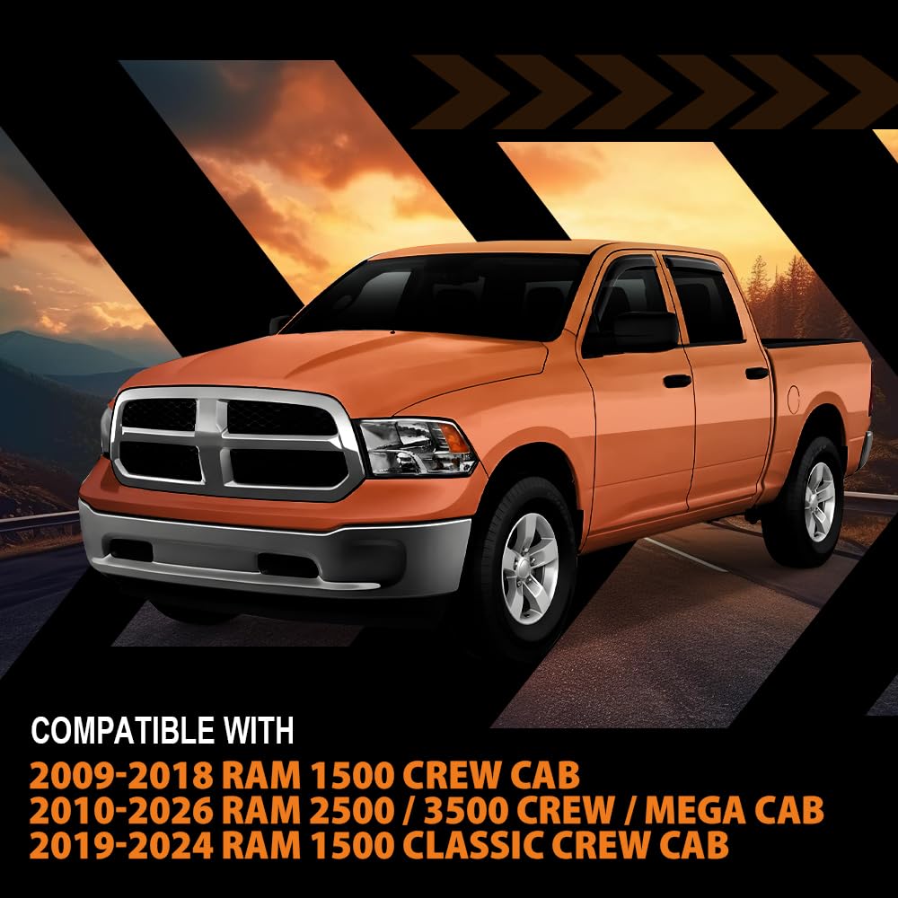 G-PLUS Out-Channel Window Vent Visor Deflectors Rain Guards Fit Dodge Ram 1500 Crew Cab 2009-2018 Fit Ram 2500 & 3500 Crew & Mega Cab 2010-2025 4 PCS Smoky