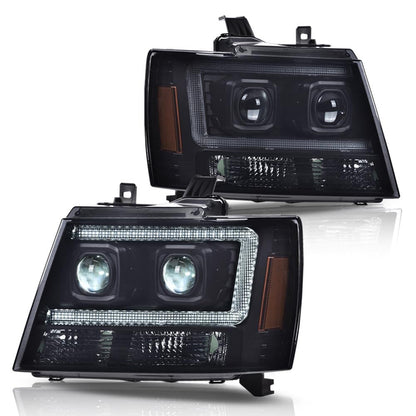 G-PLUS LED Headlights Assembly Fit Chevy Tahoe Avalanche Subarban 1500 2500 2007-2014 DRL Corner Turn Signal Headlamps Set Pair Left & Right Smoky Lens Black Housing Amber Reflector,faros delanteros