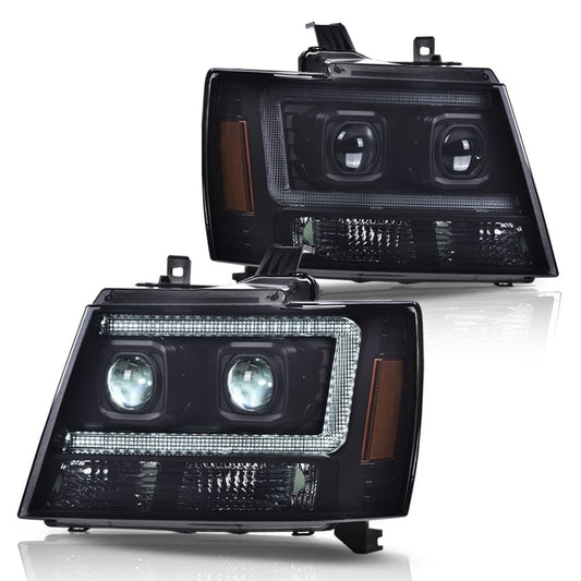 G-PLUS LED Headlights Assembly Fit Chevy Tahoe Avalanche Subarban 1500 2500 2007-2014 DRL Corner Turn Signal Headlamps Set Pair Left & Right Smoky Lens Black Housing Amber Reflector,faros delanteros