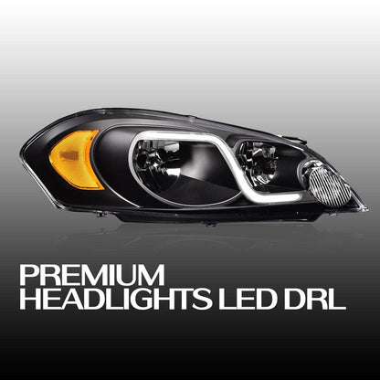 G-PLUS LED DRL Headlights Assembly, Fit 2006-2007 Chevy Monte Carlo/2006-2013 Chevy Impala/2014-2016 Chevy Impala Limited Bumper Headlamps, Clear Lens Black Housing Amber Reflector,faros delanteros