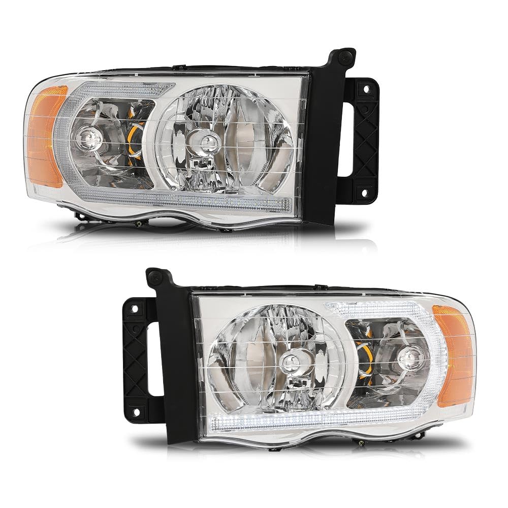 G-PLUS LED Headlights Headlamps Compatible with Dodge Ram 1500 2002-2005,Compatible with Dodge Ram 2500 3500 2003-2005 Chrome Clear Lens Clear Housing Amber Reflector,faros delanteros Assembly