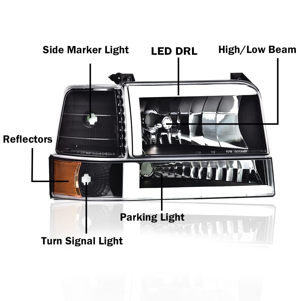 G-PLUS Headlights Fit 1992-1996 Bronco/1992-1996 Ford F150 F250 F350 Super Duty,97 9th Old Body Style Headlamps w/Corner Signal Clear Lens Chrome Housing Clear Reflector,faros delanteros