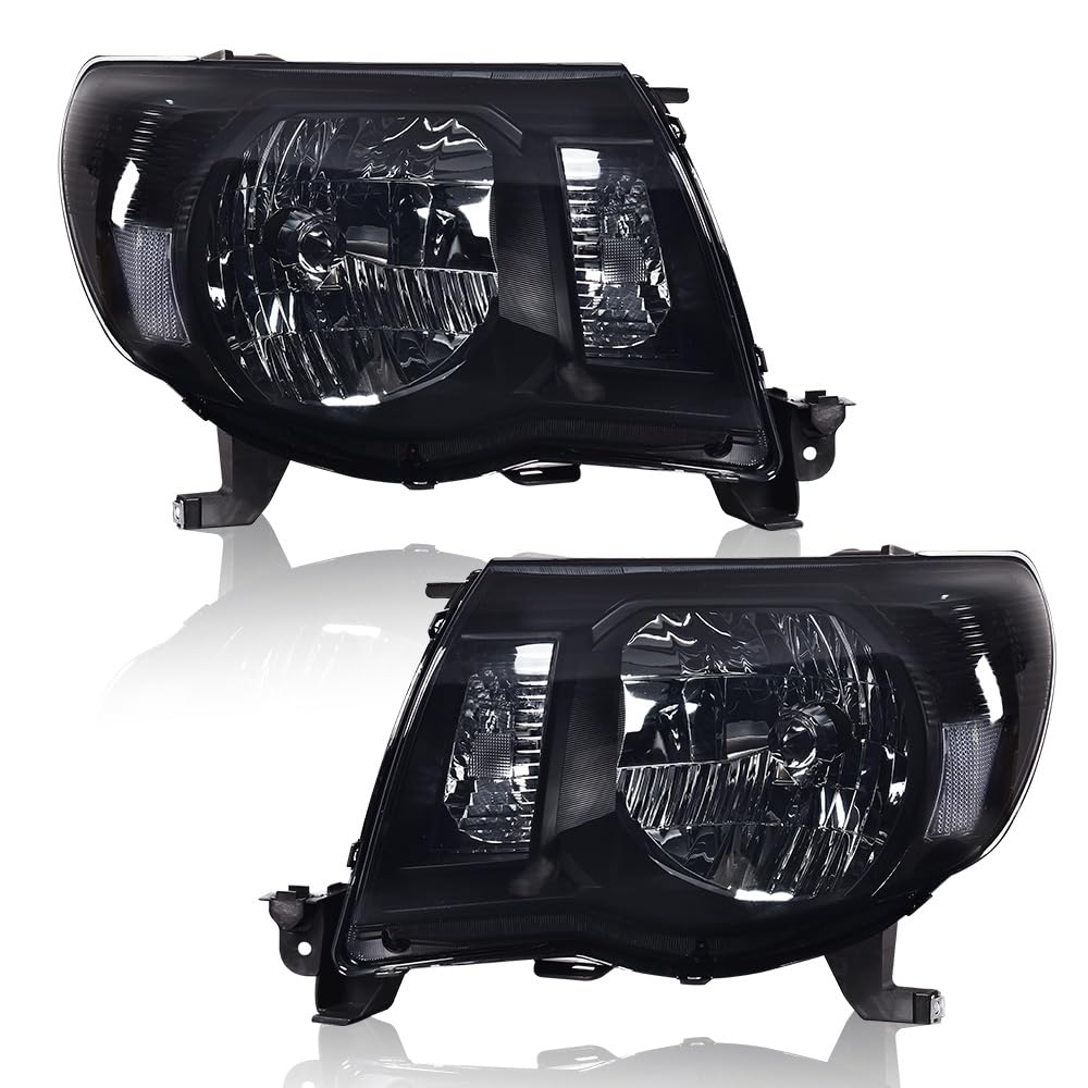 G-PLUS Headlights Assembly Compatible with Toyota Tacoma 2005-2011 Headlamps Pair Halogen Smoky Lens Black Housing Clear Reflector,faros delanteros