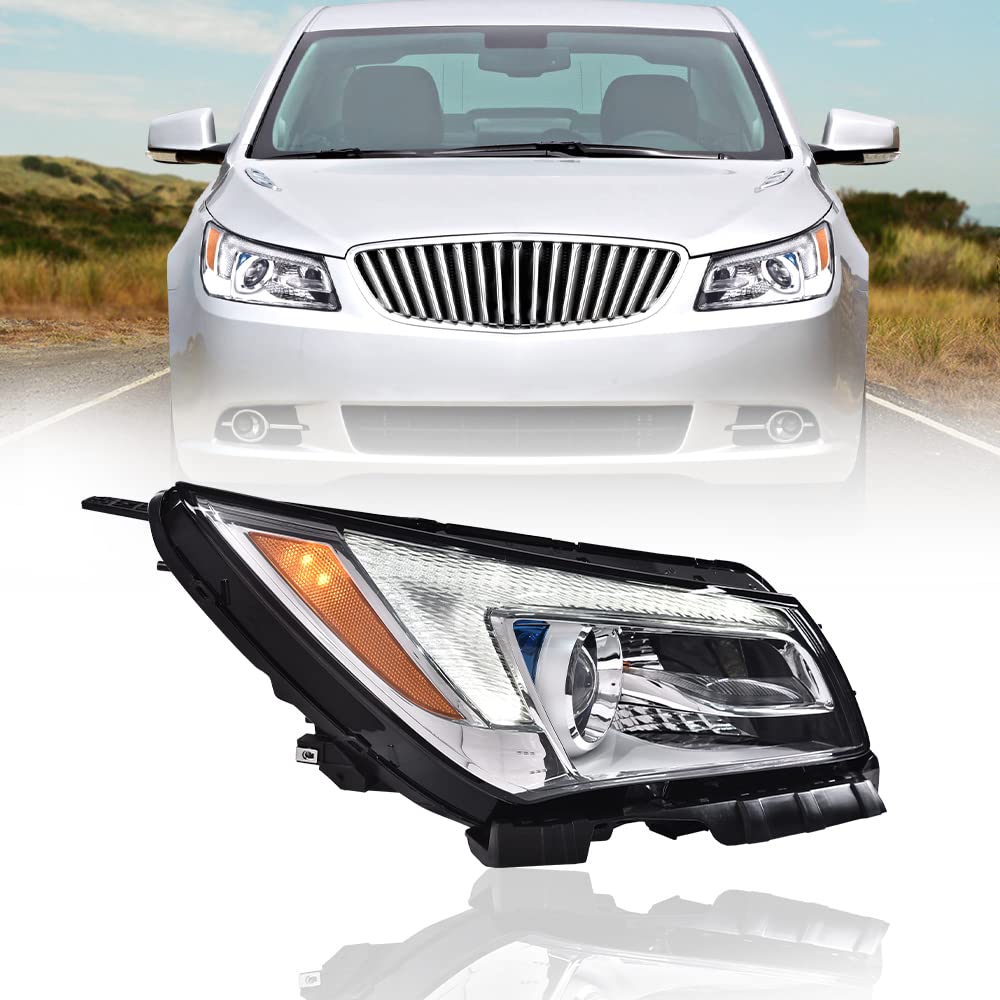 G-PLUS LED One Right Passenger Side Headlight Compatible with Buick LaCrosse 2014 2015 2016 DRL Headlamp w/Bulbs Halogen Clear Lens Chrome Housing Amber Reflector Bumper Headlamps,faros delanteros