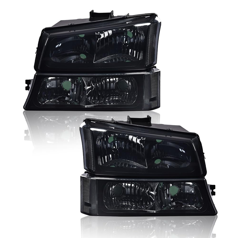 G-PLUS Headlights Bumper Lamps Assembly Compatible with 03-06 Chevy Avalanche/03-07 Silverado 1500HD/03-06 Silverado 2500HD, Smoky Lens Black Housing Clear ReflectorBumper Headlamps,faros delanteros