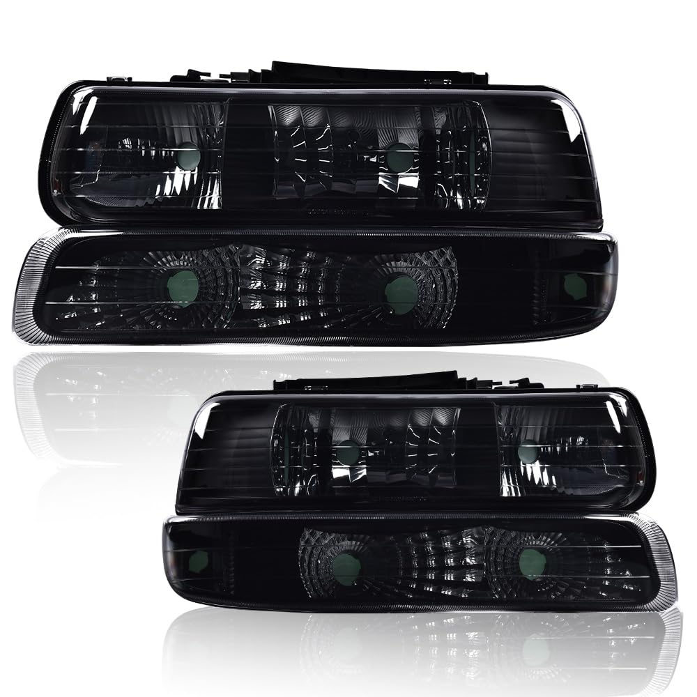 G-PLUS Headlights Assembly, Compatible with 1999-2002 Chevy Silverado/ 2000-2006 Suburban Tahoe Bumper Headlamps, Smoky Lens Black Housing Clear Reflector,faros delanteros