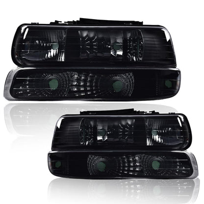 G-PLUS Headlights Assembly, Compatible with 1999-2002 Chevy Silverado/ 2000-2006 Suburban Tahoe Bumper Headlamps, Smoky Lens Black Housing Clear Reflector,faros delanteros
