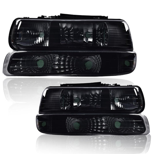G-PLUS Headlights Assembly, Compatible with 1999-2002 Chevy Silverado/ 2000-2006 Suburban Tahoe Bumper Headlamps, Smoky Lens Black Housing Clear Reflector,faros delanteros