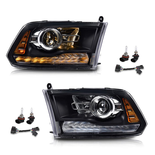 G-PLUS LED Projector Headlights Assembly Fit 2009-2012 Dodge Ram 1500 2500 3500,Front Headlamps Left& Right,Headlight Clear Lens Black Housing Amber Reflector,faros delanteros