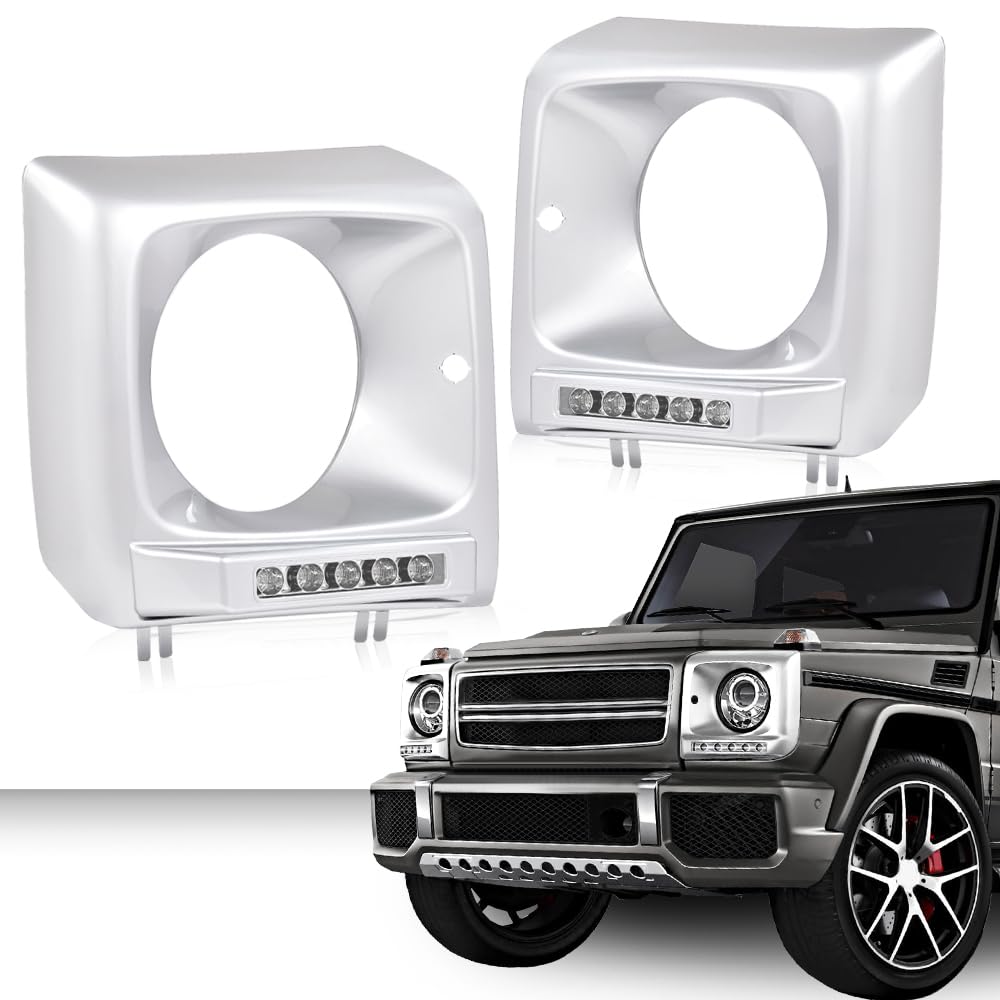 G-PLUS Silver Headlight Bezel with LED DRL Light Strip & Wire harness Compatible with 1990-2018 Mercedes Benz G-class W463 G63 G65 G500 G550 G55 AMG