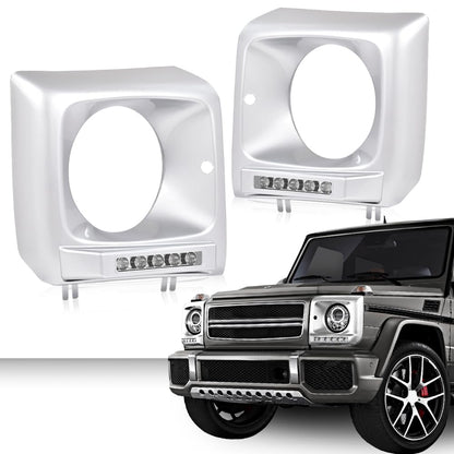 G-PLUS Silver Headlight Bezel with LED DRL Light Strip & Wire harness Compatible with 1990-2018 Mercedes Benz G-class W463 G63 G65 G500 G550 G55 AMG
