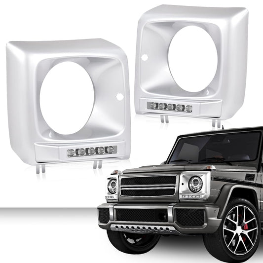 G-PLUS Silver Headlight Bezel with LED DRL Light Strip & Wire harness Compatible with 1990-2018 Mercedes Benz G-class W463 G63 G65 G500 G550 G55 AMG