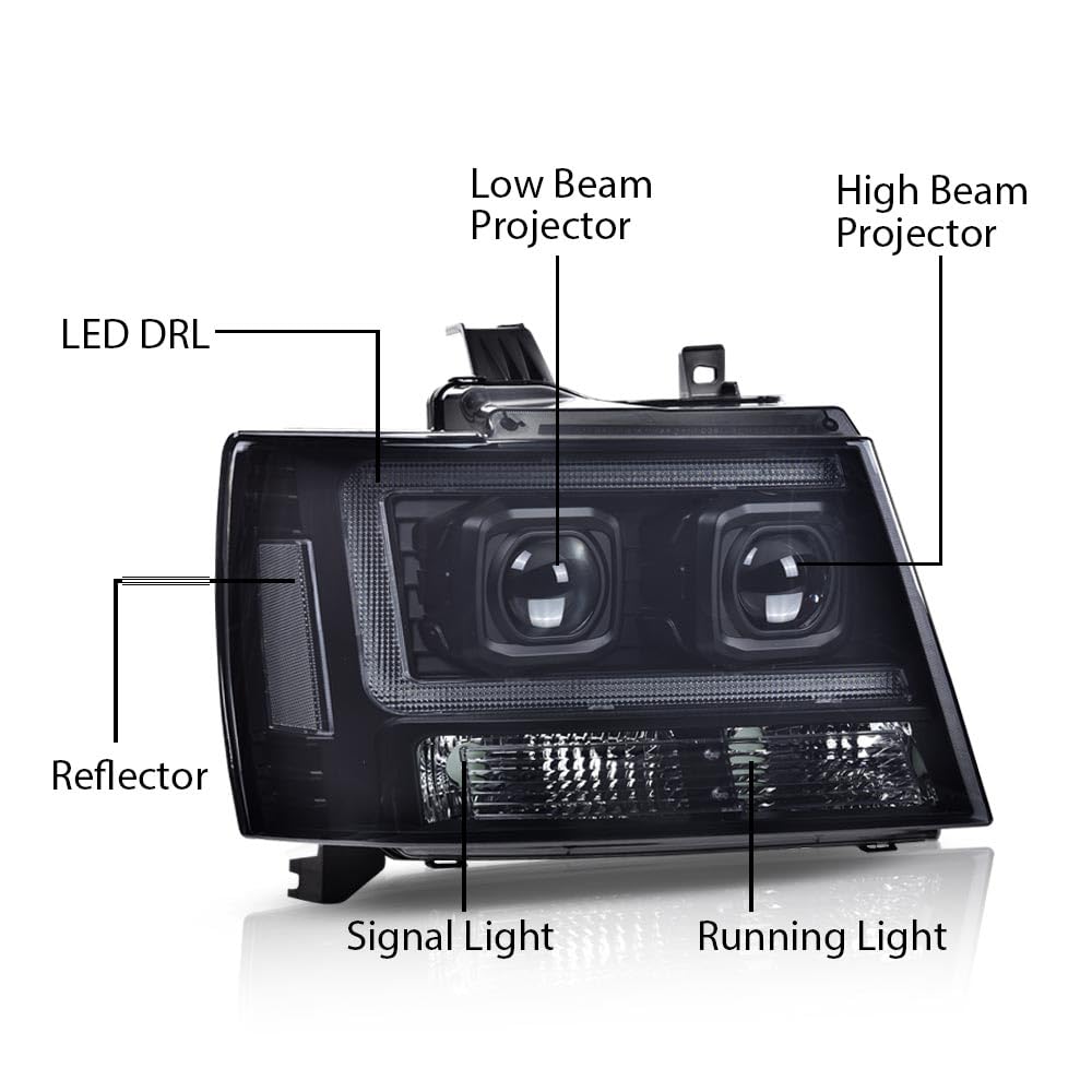 G-PLUS LED Headlights Assembly Fit Chevy Tahoe Avalanche Subarban 1500 2500 2007-2014 DRL Corner Turn Signal Headlamps Set Pair Left & Right Smoky Lens Black Housing Clear Reflector,faros delanteros