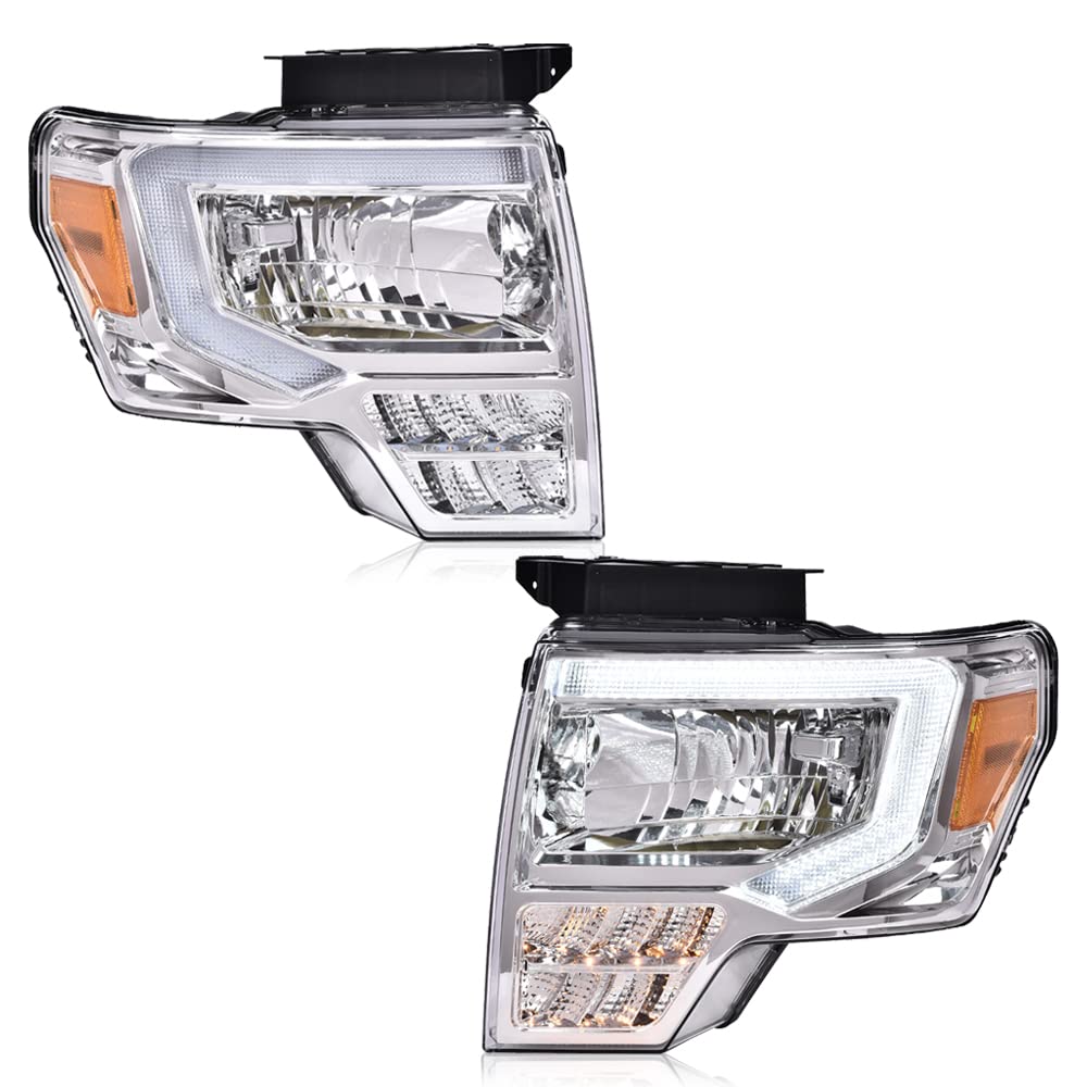 G-PLUS Headlights Assemblies LED Tube Compatible with Ford F150 2009-2014 Headlamps Driver Side & Passenger Side Clear Lens Chrome Housing Amber Reflector,faros delanteros