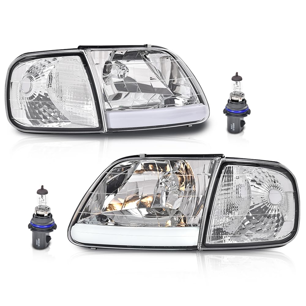 G-PLUS LED DRL Headlights & Corner Parking Lights Compatible with Ford Expedition 1997-2002/Fit Ford F150 1998-2003 Bumper Headlamps Left & Right Clear Lens Chrome Housing Clear Reflector