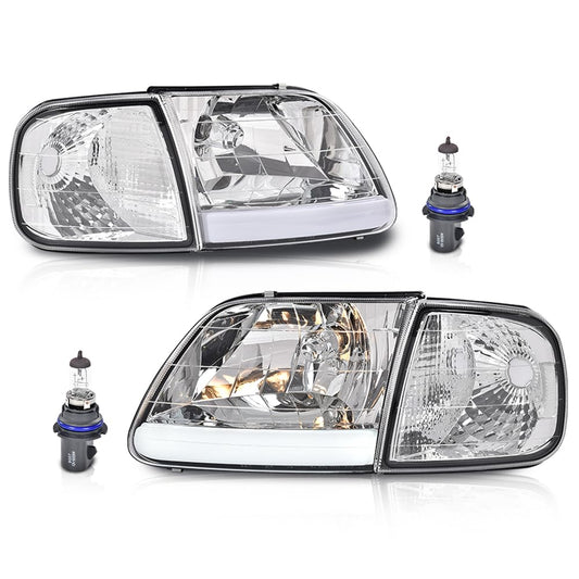 G-PLUS LED DRL Headlights & Corner Parking Lights Compatible with Ford Expedition 1997-2002/Fit Ford F150 1998-2003 Bumper Headlamps Left & Right Clear Lens Chrome Housing Clear Reflector