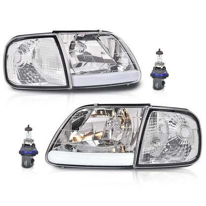 G-PLUS LED DRL Headlights & Corner Parking Lights Compatible with Ford Expedition 1997-2002, Fit Ford F150 1998-2003 Bumper Left & Right Headlamps Clear Lens Chrome Housing Clear Reflector