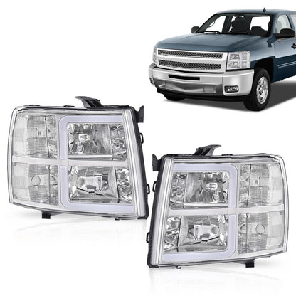 G-PLUS LED DRL Tube Projector Headlights W/o Bulbs Fit Chevy Silverado 1500 2007-2013/Fit Silverado 2500 HD 3500 HD 2007-2014 Clear Lens Chrome Housing Clear Reflector Bumper Headlamps
