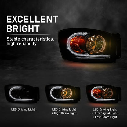 G-PLUS LED Headlights Assembly Headlamps Left Right Compatible with Dodge Ram 1500 2006-2008,Fit Dodge Ram 2500 3500 2006-2009 Smoke Lens Black Housing Clear Reflector,faros delanteros