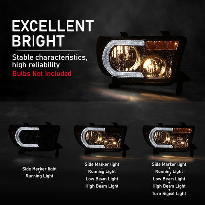G-PLUS LED DRL Headlights Compatible with Toyota Tundra 2007-2013,Fit 2008-2017 Toyota Sequoia Headlamps Assembly Left & Right Clear Lens Chrome Housing Amber Reflector,faros delanteros