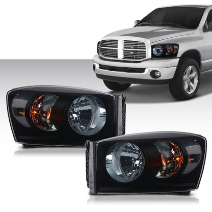 G-PLUS Headlight Assembly Front Headlamp Left&Right Side Compatible with Dodge Ram 1500 2006-2008/Fit Dodge Ram 2500 3500 2006-2009 Smoke Lens Black Housing Clear Reflector 68003125AD 68003124AD