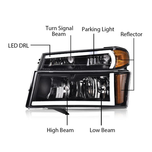 G-PLUS LED DRL headlights,Fit Chevy Colorado/GMC Canyon 2004-2012,Fit Isuzu i-280 i-350 2006/i-290 i-370 2007-2008 Headlamps, Clear Lens Black Housing Amber Reflector,faros delanteros Assembly
