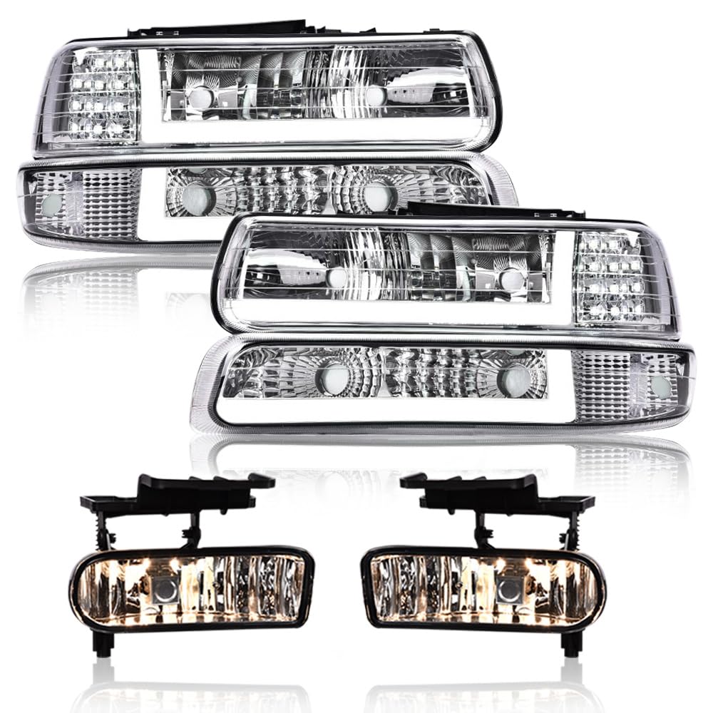 G-PLUS Headlight & Bumper Fog Lights Assembly - Compatible With Chevy Silverado Avalanche 2003-2006 / Fit for Silverado 1500HD 2003-2007 & 2500HD Left & Right SideBumper Headlamps,faros delanteros