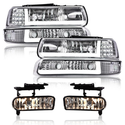 G-PLUS Headlights & Fog Lights Compatible With 1999-2002 Chevy Silverado 1500 2500,Fit 2000-2006 Suburban/Tahoe Headlamps & Fog Lamps LED DRL Black Housing Clear Reflector,faros delanteros