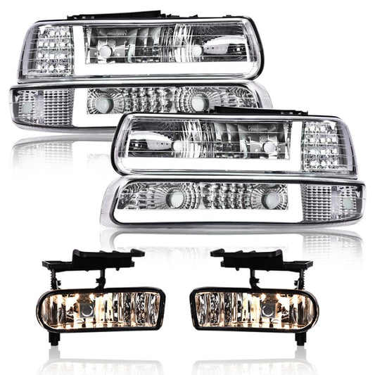 G-PLUS Headlights & Fog Lights Compatible With 1999-2002 Chevy Silverado 1500 2500,Fit 2000-2006 Suburban/Tahoe Headlamps & Fog Lamps LED DRL Black Housing Clear Reflector,faros delanteros
