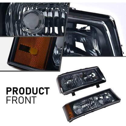 G-PLUS Headlights Assembly + Tail Lights Fit Chevy Silverado 1500 1500 HD 2500 2500 HD 2003-2006, Smoky Lens Black Housing Amber Reflector Headlamps Assembly Dark Red Taillights